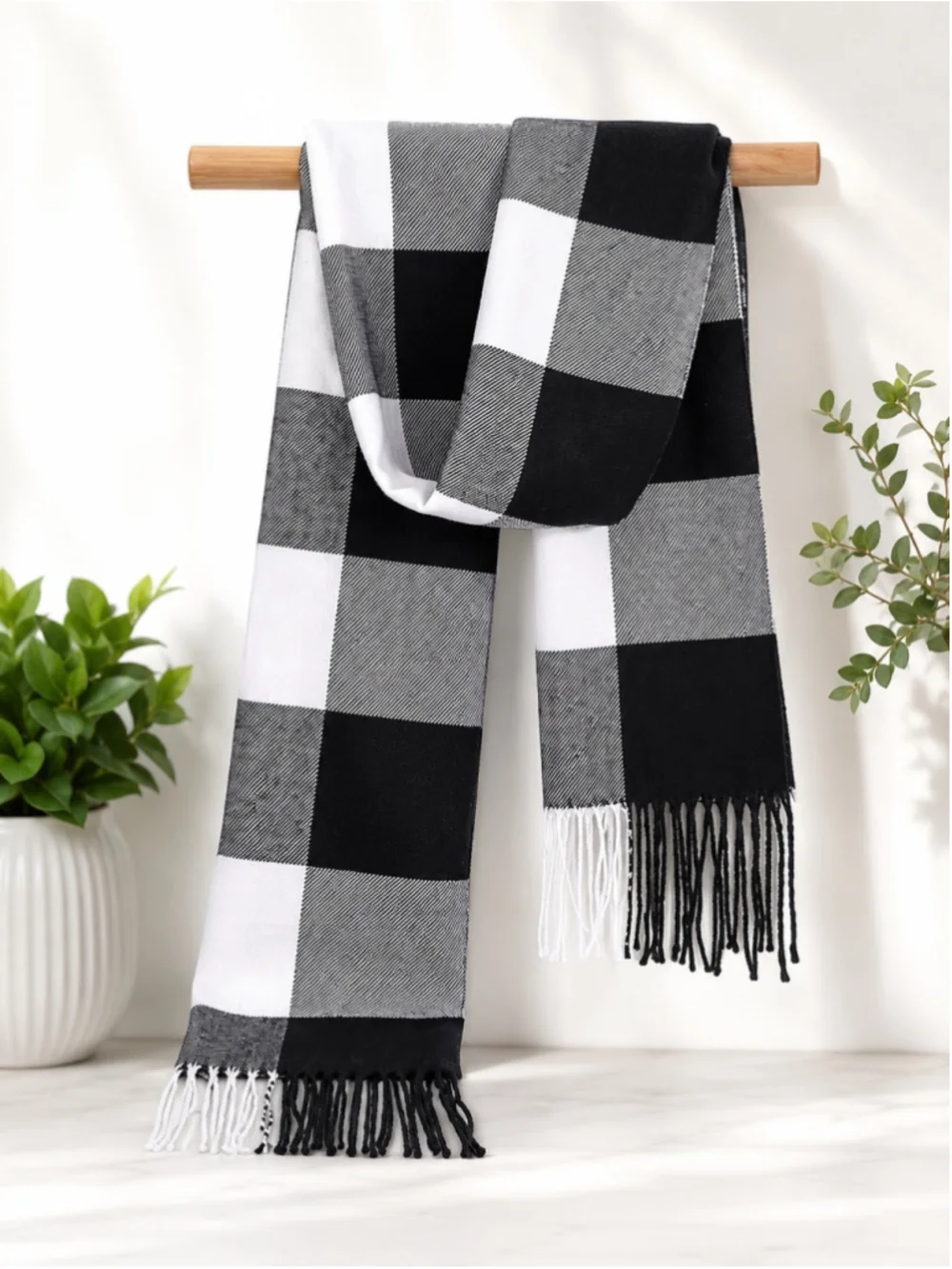 New Black & White Buffalo Plaid Fringe Scarf – Unisex – 72” x 12”